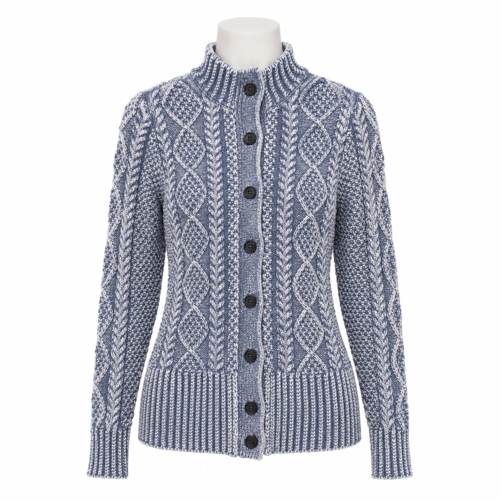 L.L. Bean Signature Cardigan Women XS Blue Cable Knit Cotton Button Mock Neck